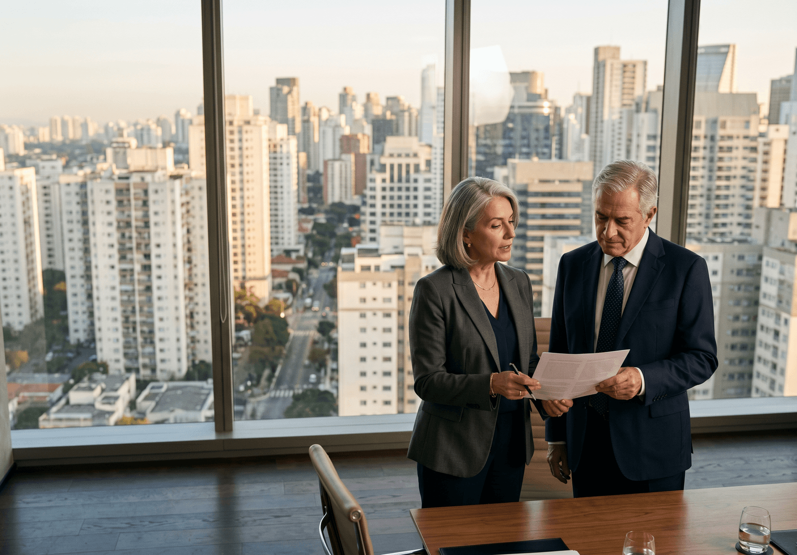 Executives reviewing portfolio strategy above a residential skyline