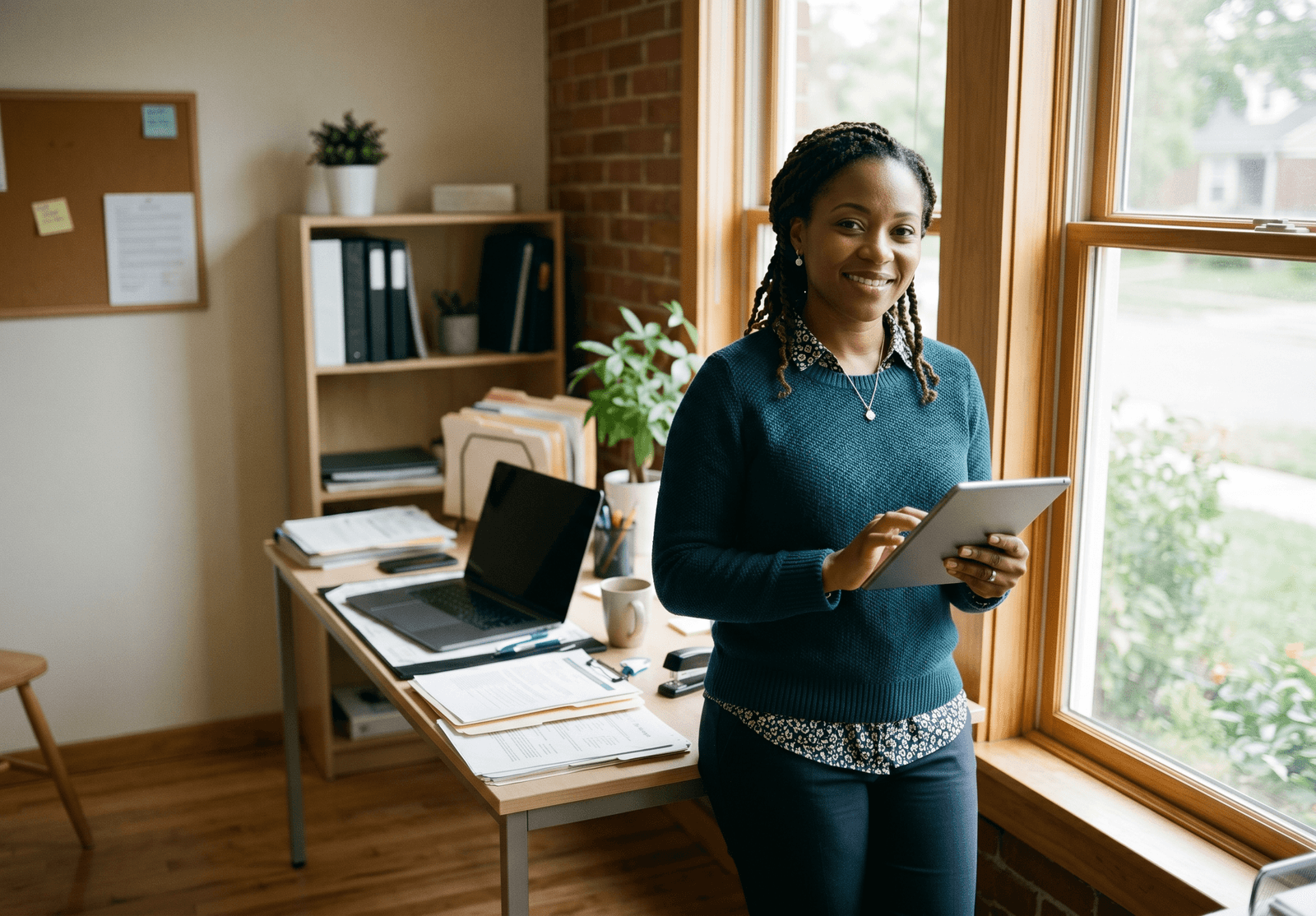 Independent operator reviewing applications on a tablet in her leasing office